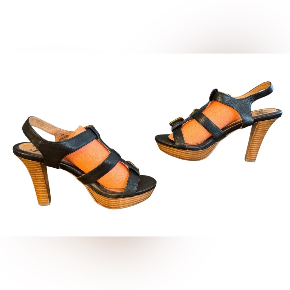 Söfft Buckle Platform Heeled Sandals Black Leather Wood Stacked Heel Women’s 7.5 - Picture 5 of 8